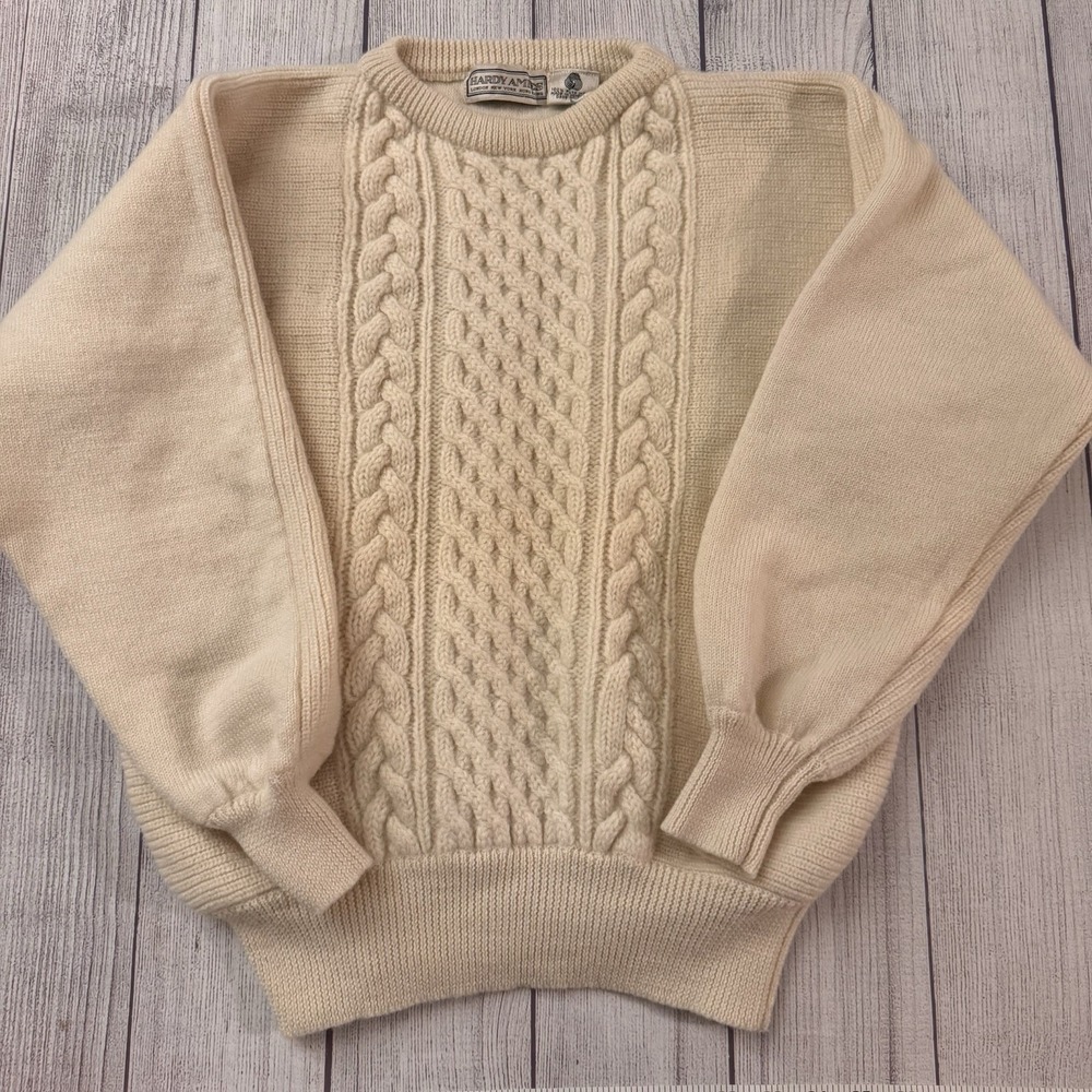 Vintage Hardy Amies Women L 100% Pure Wool Cable Knit Sweater Cream Fisherman